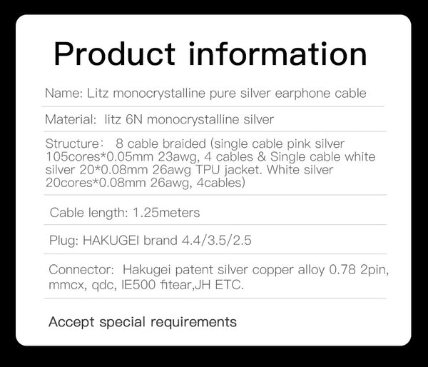 Luna - 6N Pure silver Mono Crystal Litz 8 wire IEM cable - Hakugei